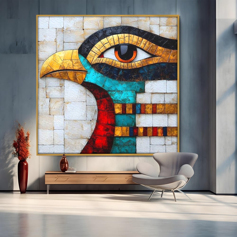 Tablou canvas cu tablou canvas cu mozaic egiptean si ochiul lui horus, in rama de aluminiu auriu